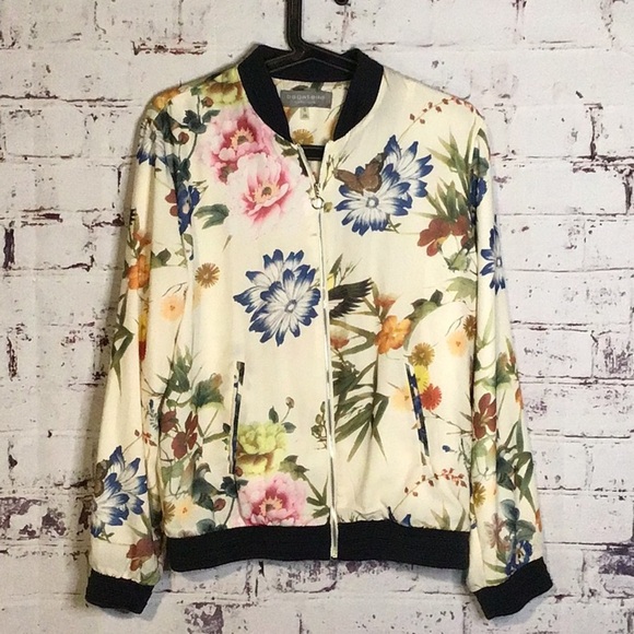 Bagatelle Cream and Pink Bomber Jacket with Floral Design Woman's Size Small - Picture 2 of 7